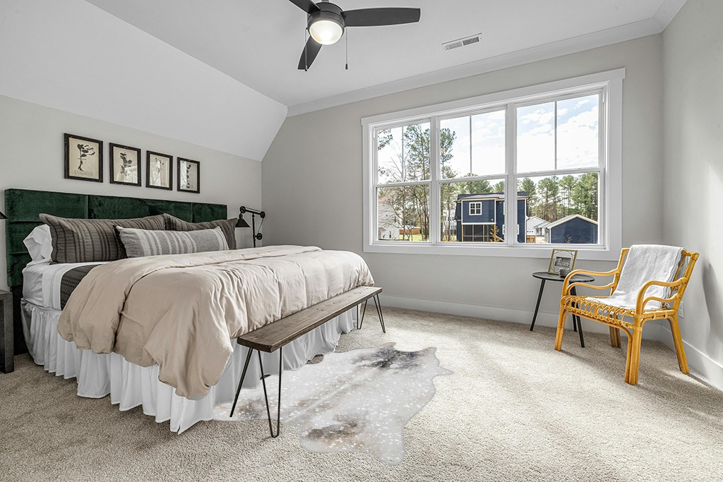 Cowhide rug in bedroom ideas in Grey Traditional Bedroom with King Bed