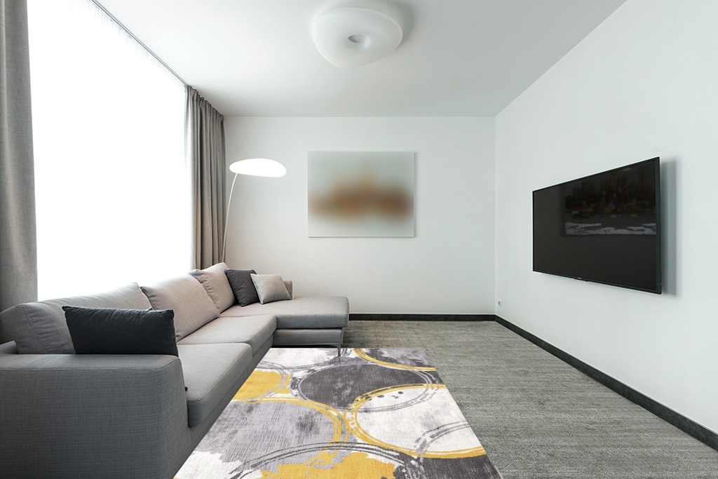 Rug over carpet ideas in Modern Living Room with Grey Couch