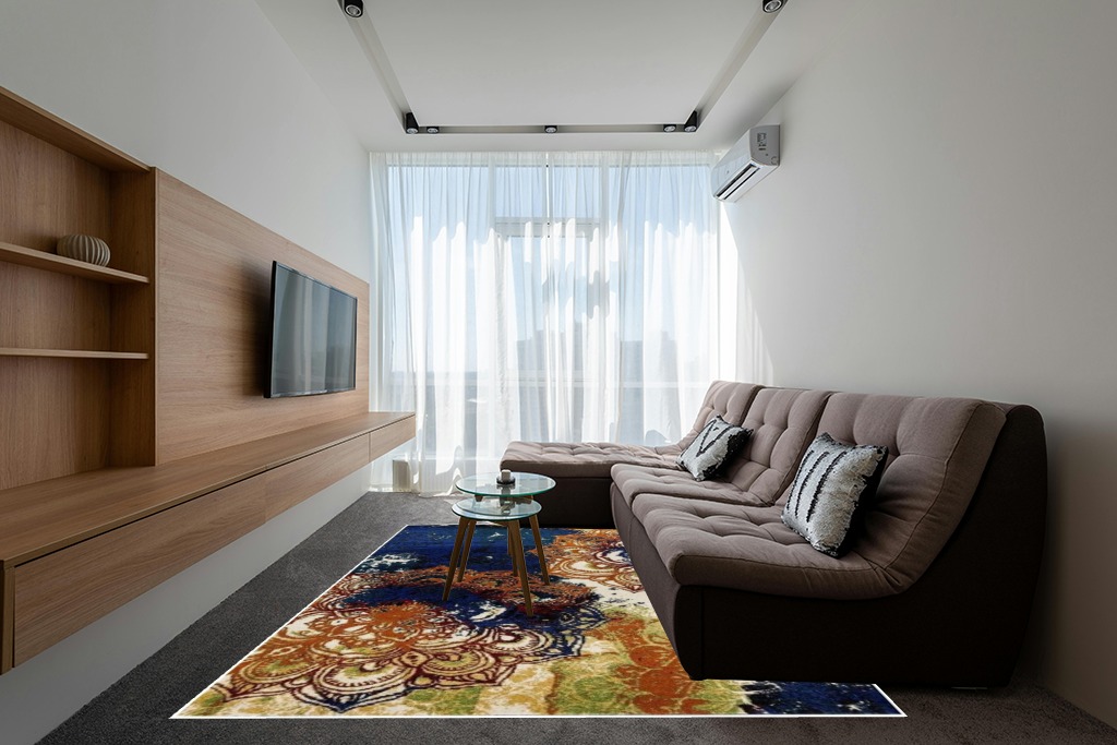 Yellow rug ideas in Grey Living Room with Brown Couch