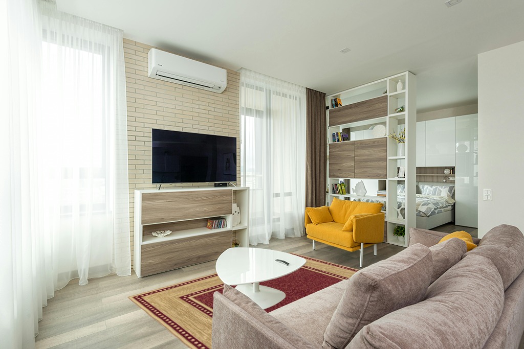 Ottomanson Machine Washable Border Design Non-Slip Rubberback 5x7 Modern Area Rug for Living Room, Bedroom, Dining Room, Office, 5' x 6'6", Red/Beige in Light Modern Living Room with TV