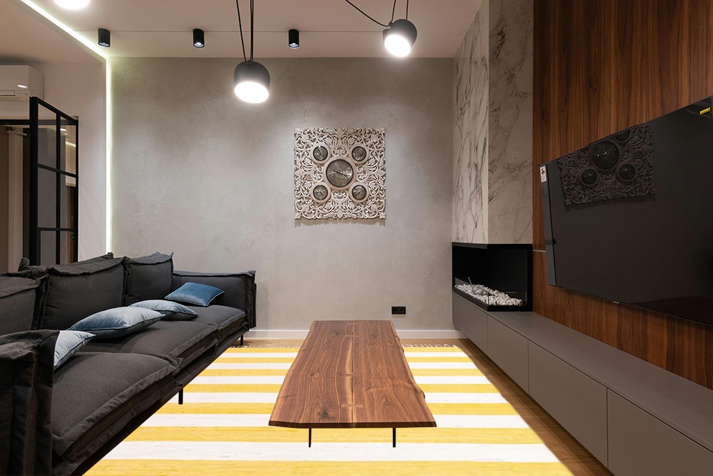 Modern living room rug ideas in Dark Wood Living Room with Black Couch