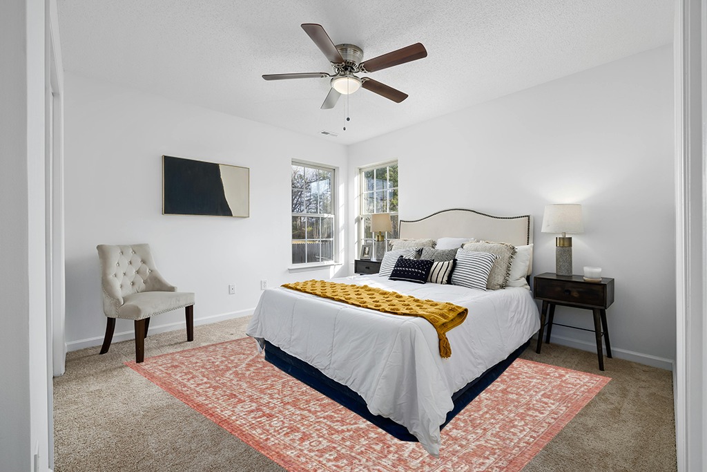 Rug over carpet ideas in White and Yellow Modern Bedroom