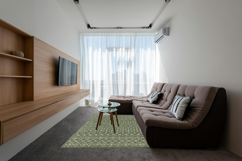 Green rug ideas in Grey Living Room with Brown Couch