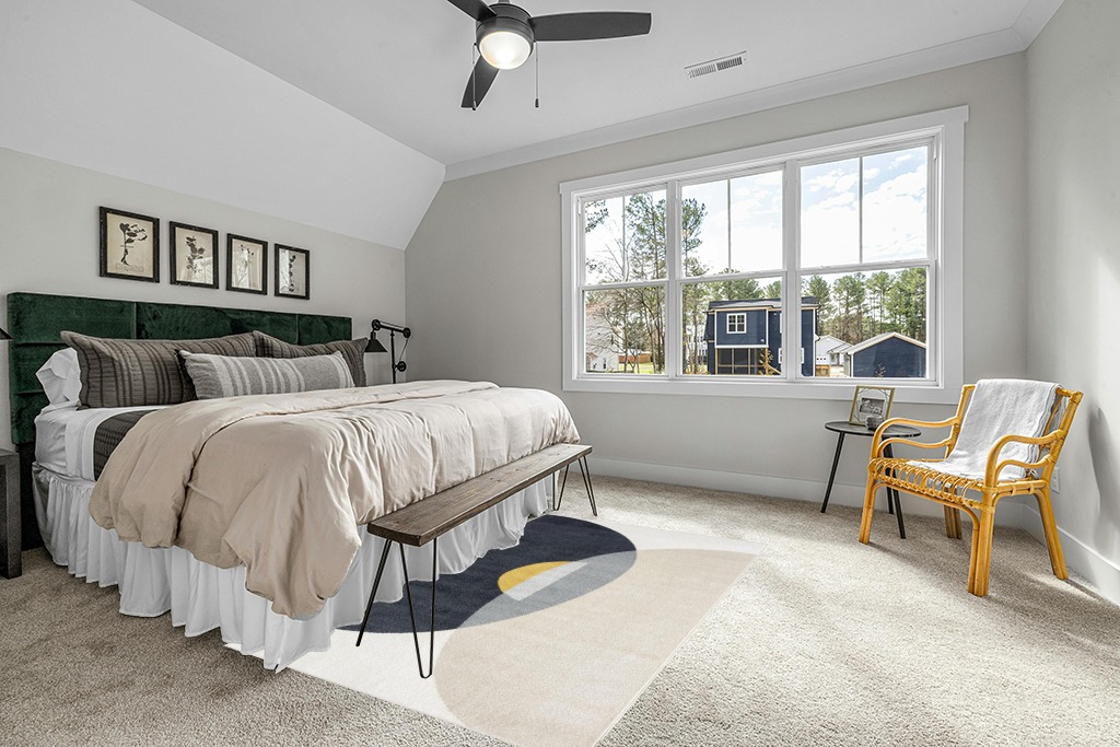 Rug on carpet bedroom ideas in Grey Traditional Bedroom with King Bed