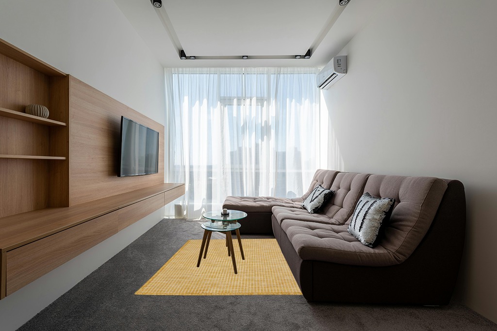 Nourison Positano Indoor/Outdoor Yellow 5' x 7' Area Rug, Easy Cleaning, Non Shedding, Bed Room, Living Room, Dining Room, Backyard, Deck, Patio (5x7) in Grey Living Room with Brown Couch