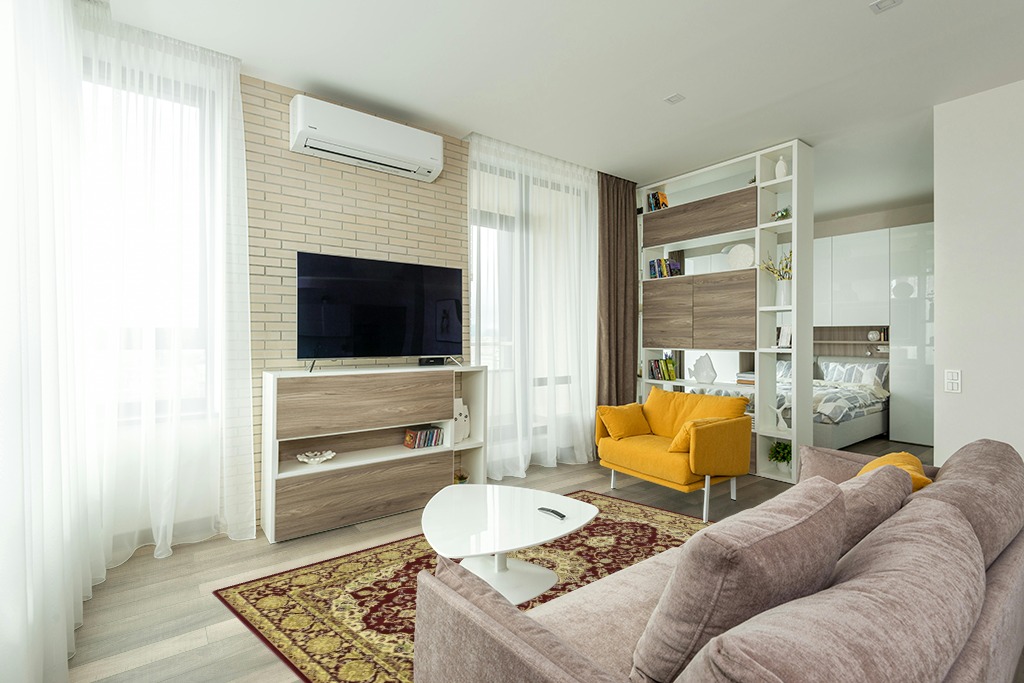 Green rug ideas in Light Modern Living Room with TV