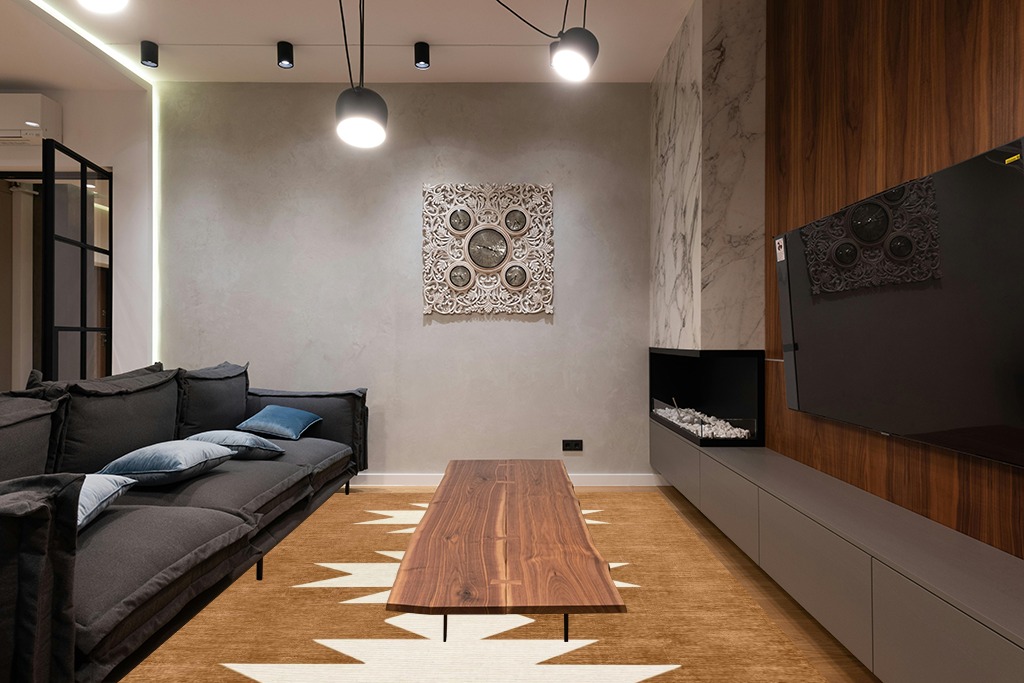Eyely HSW110A-8 Machine Washable Chayton Minimalist Geometric Indoor Area Rug Southwestern;Bohemian;Modern;Casual, Bedroom, Kitchen, Living Room, Easy-Cleaning, Non-Shedding, 8 X 10, Rust/Cream in Dark Wood Living Room with Black Couch