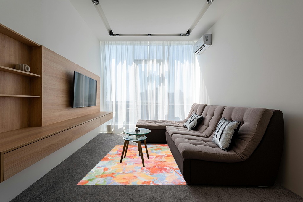 Yellow rug ideas in Grey Living Room with Brown Couch
