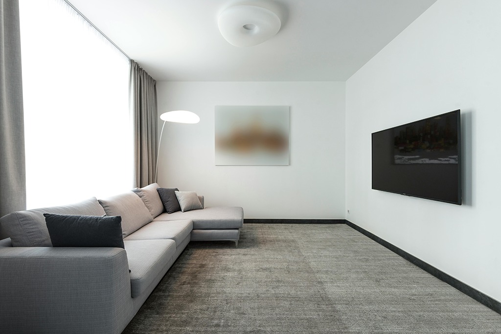Rug over carpet ideas in Modern Living Room with Grey Couch