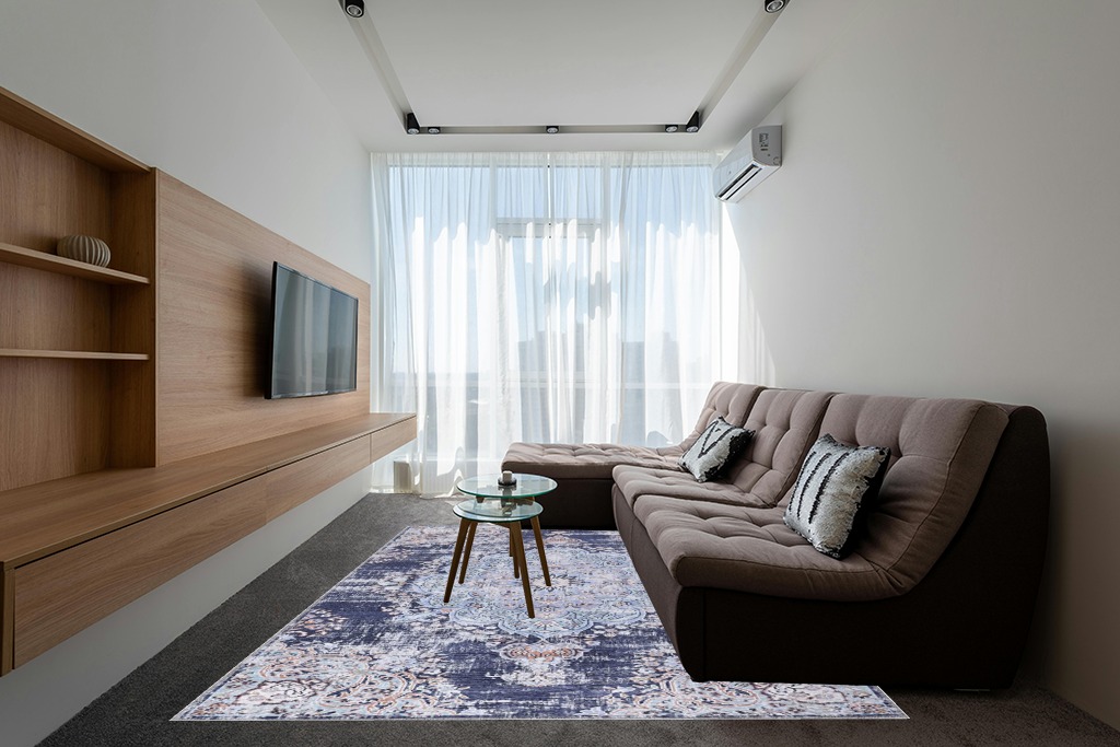 Blue rug ideas in Grey Living Room with Brown Couch