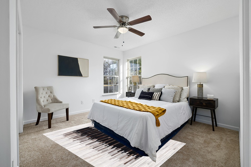 Cowhide rug in bedroom ideas in White and Yellow Modern Bedroom