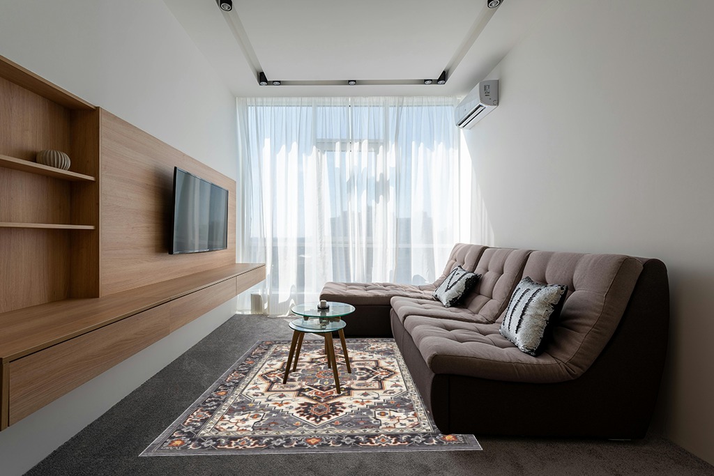 Oriental rug decorating ideas in Grey Living Room with Brown Couch