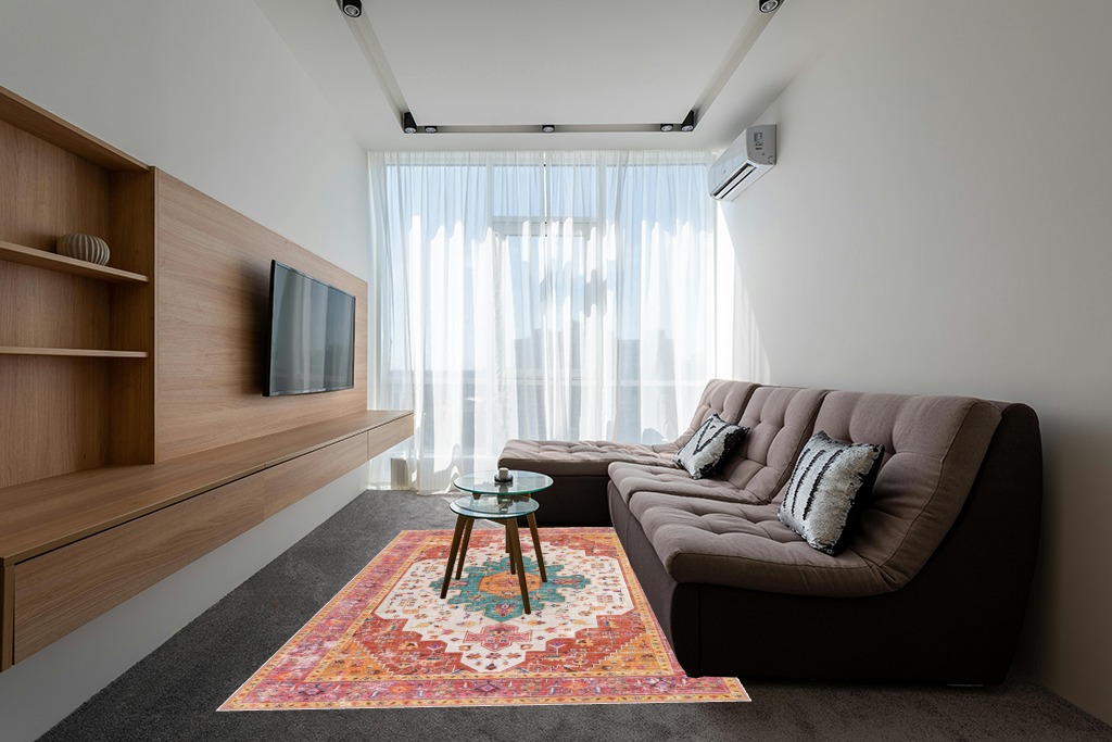 Moynesa Ultra-Thin Washable Pink Area Rug - 6x9 Large Boho for Girls Bedroom, Dining Room, Non-Shed Playroom, Office, Indoor Printed Boho Floor Carpet for Living Room Decor in Grey Living Room with Brown Couch