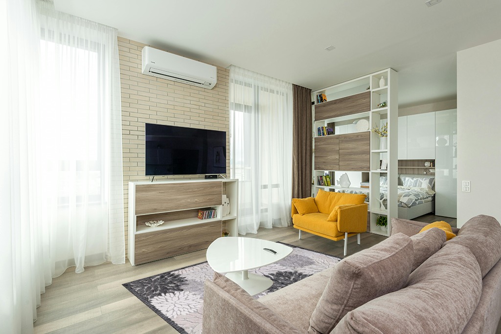 Cute rug ideas in Light Modern Living Room with TV