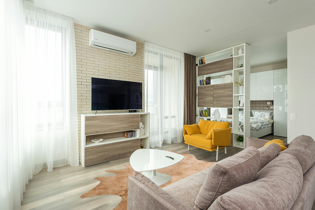 Orange rug living room ideas in Light Modern Living Room with TV