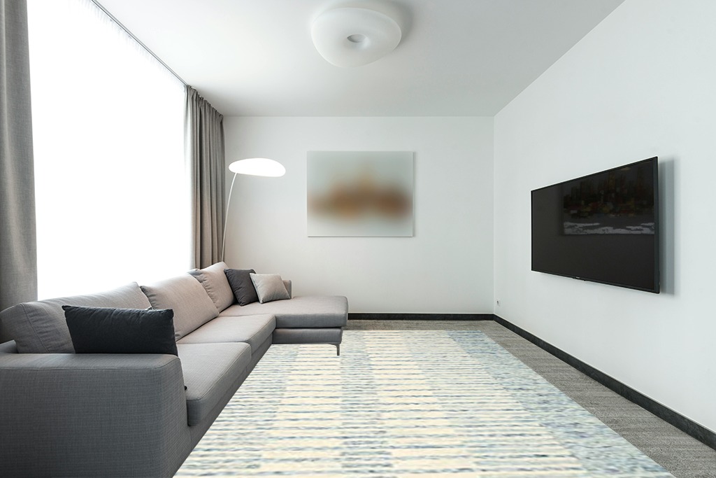 Large rug ideas in Modern Living Room with Grey Couch