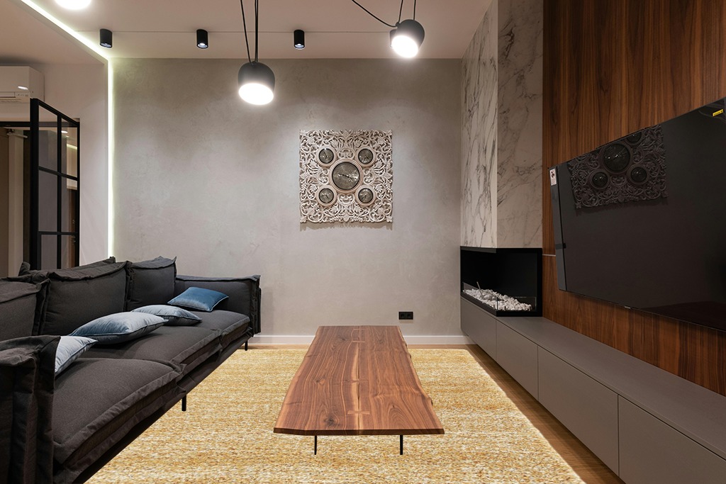 Safavieh Hudson Shag Collection Area Rug - 8' x 10', Gold & Ivory, Modern Abstract Design, Non-Shedding & Easy Care, 2-inch Thick Ideal for High Traffic Areas in Living Room, Bedroom (SGH295D) in Dark Wood Living Room with Black Couch