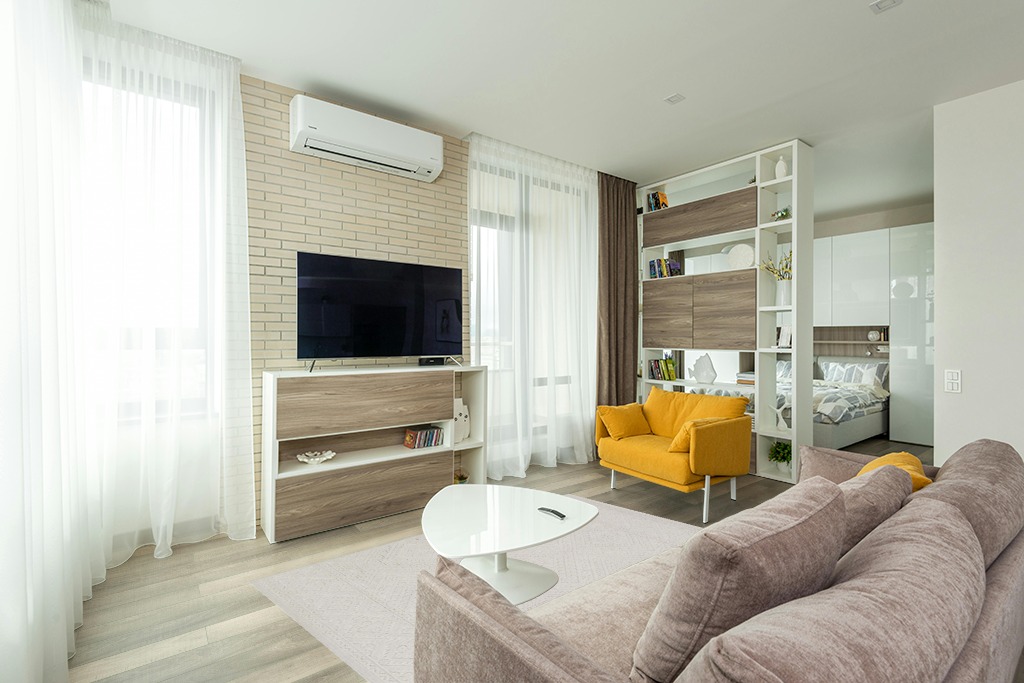 Cute rug ideas in Light Modern Living Room with TV