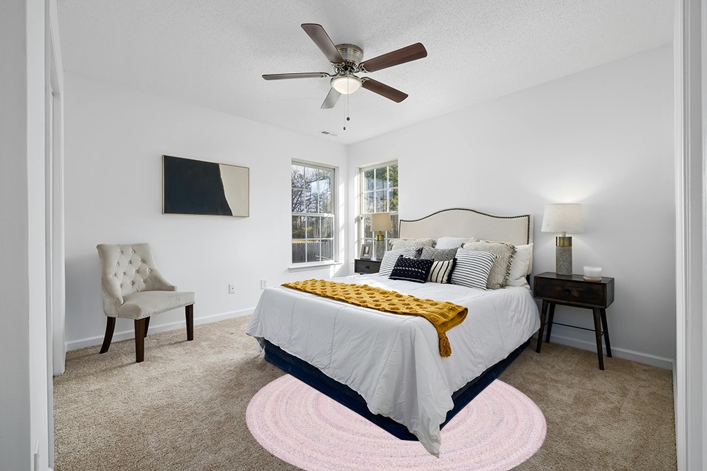 Rug over carpet ideas in White and Yellow Modern Bedroom