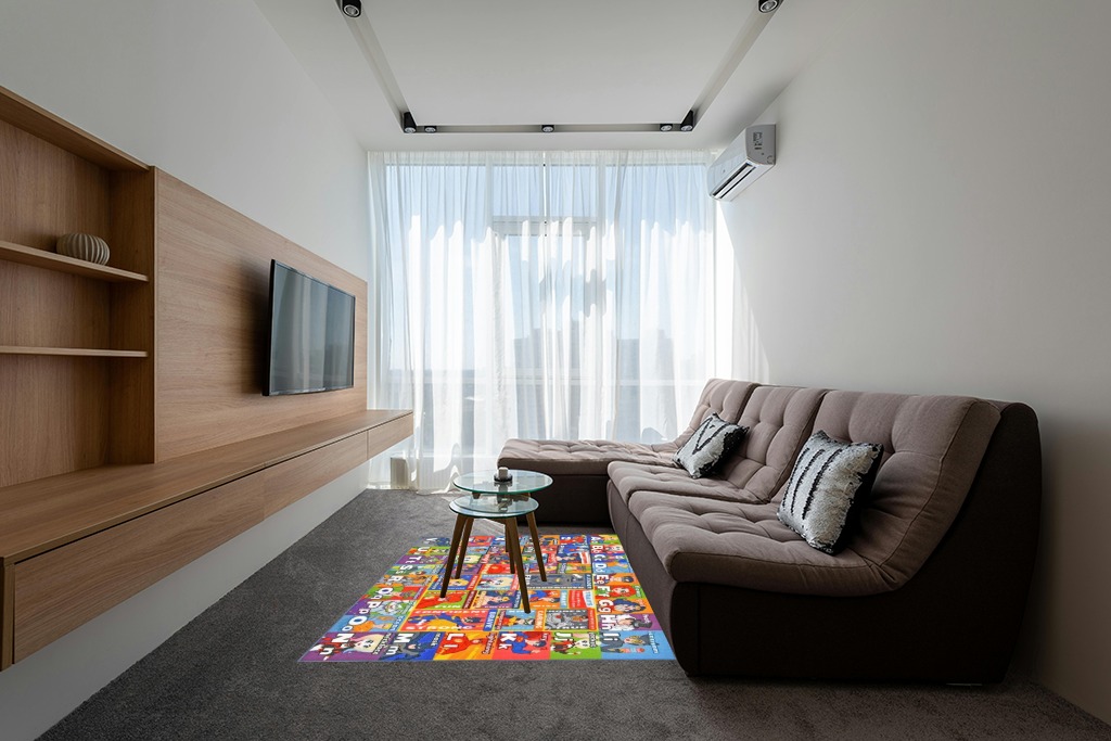 KC Cubs DC Super Hero Rug - ABC Alphabet - Traits & Emotions Playrug - Educational & Learning Carpets - Children’s Play - Rectangular Kids Play Carpet - Toddlers 2 & Up - Playroom, Classroom, Bedroom in Grey Living Room with Brown Couch