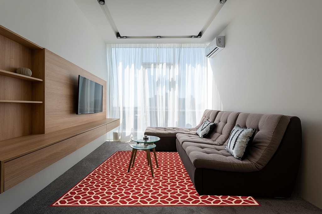 SAFAVIEH Linden Collection 8' x 10' Red/Cream LND127Q Geometric Indoor/ Outdoor Non-Shedding Easy scrubbing Patio Backyard Porch Deck Mudroom Area-Rug in Grey Living Room with Brown Couch