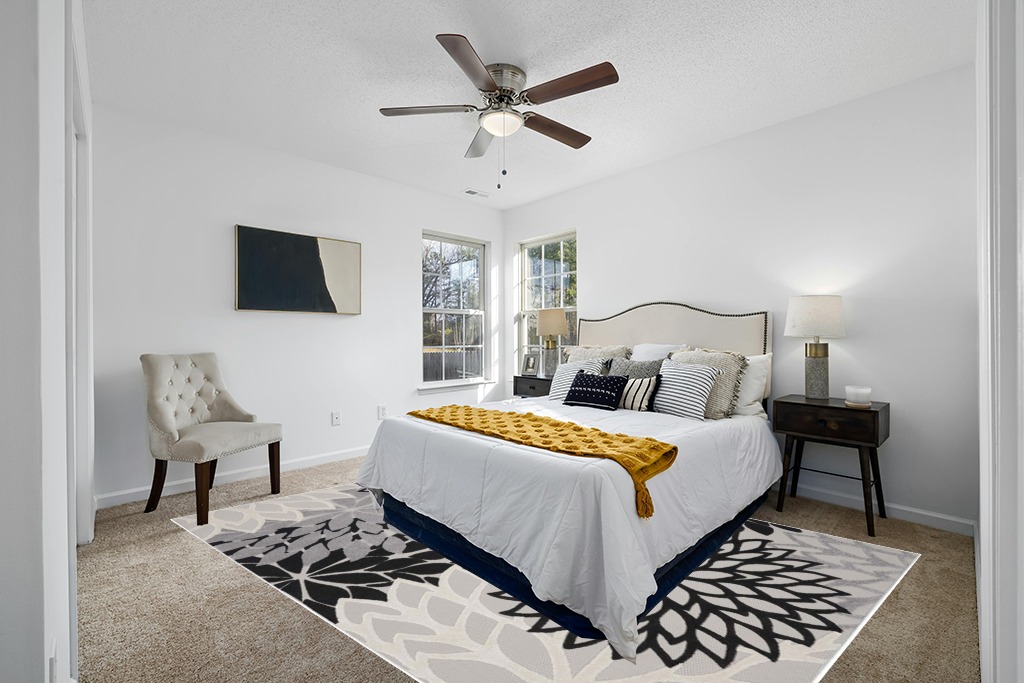 Grey room rug ideas in White and Yellow Modern Bedroom