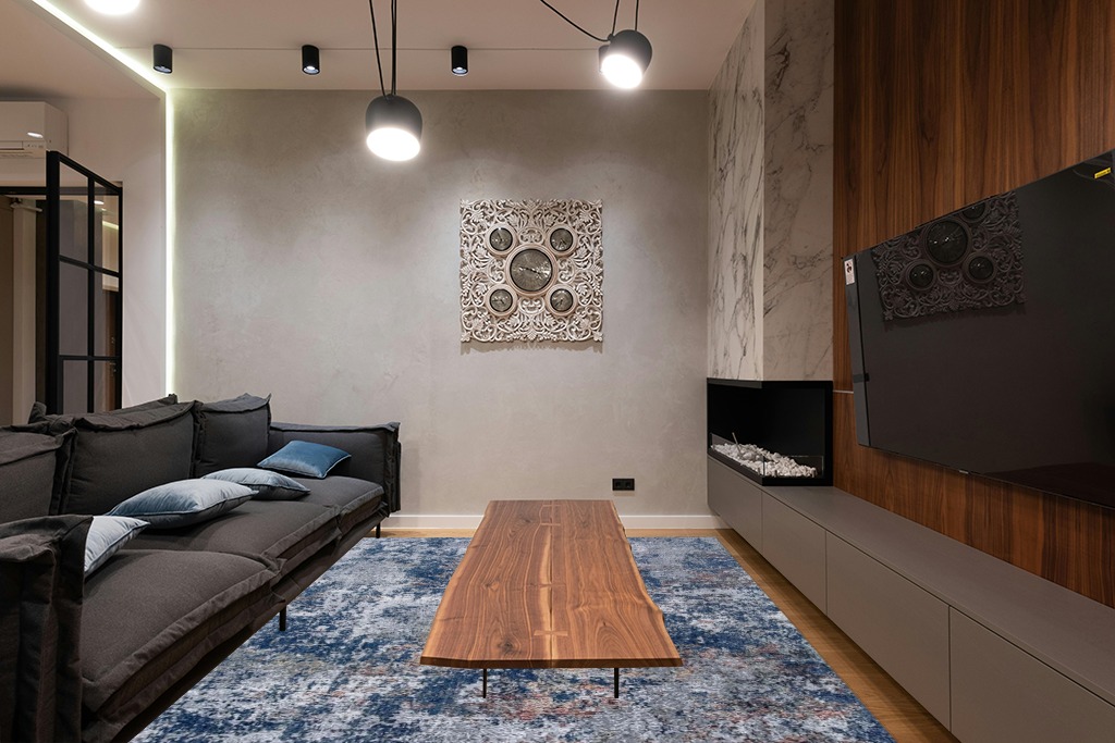 Large rug ideas in Dark Wood Living Room with Black Couch