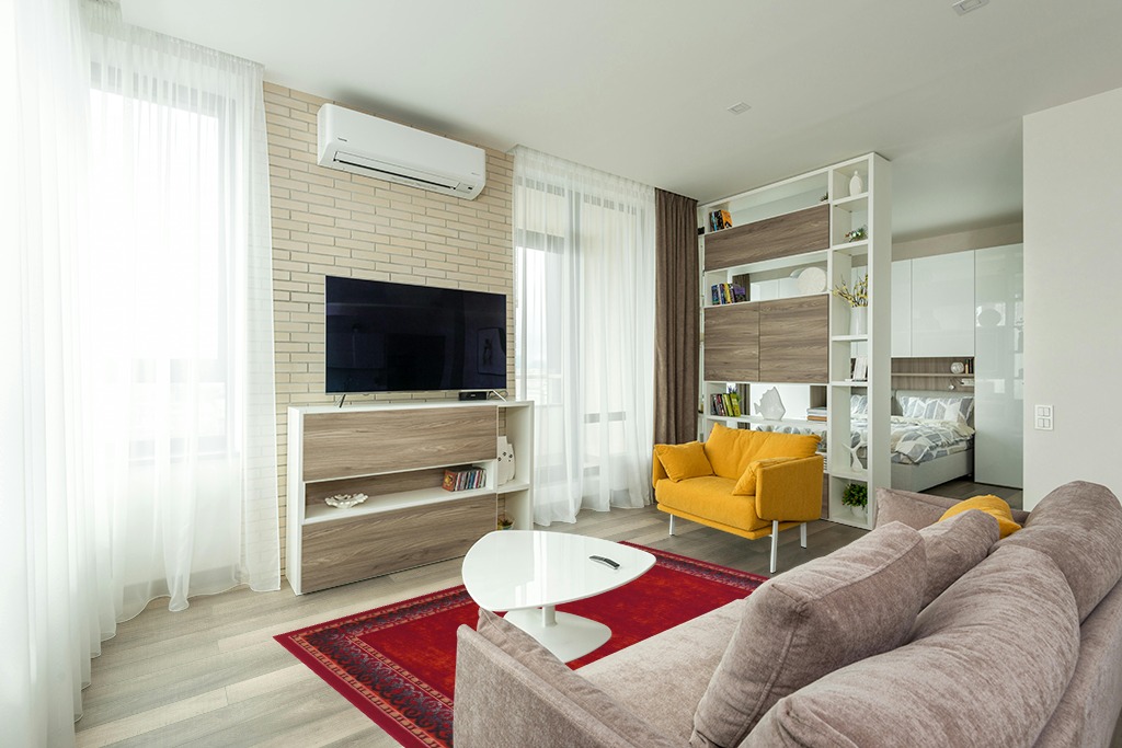 Antep Rugs Alfombras Bordered Modern 5x7 Non-Slip (Non-Skid) Low Pile Rubber Backing Indoor Area Rug (Maroon Red, 5' x 7') in Light Modern Living Room with TV