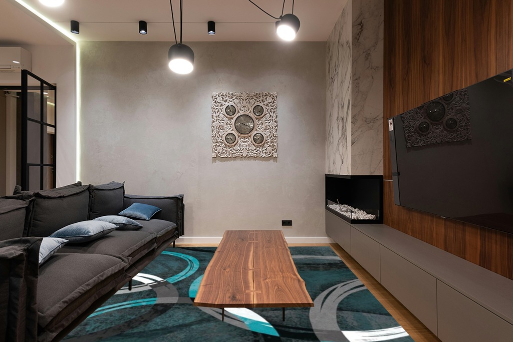 Blue rug ideas in Dark Wood Living Room with Black Couch