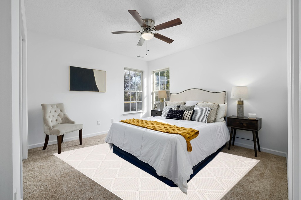 Rug on carpet bedroom ideas in White and Yellow Modern Bedroom