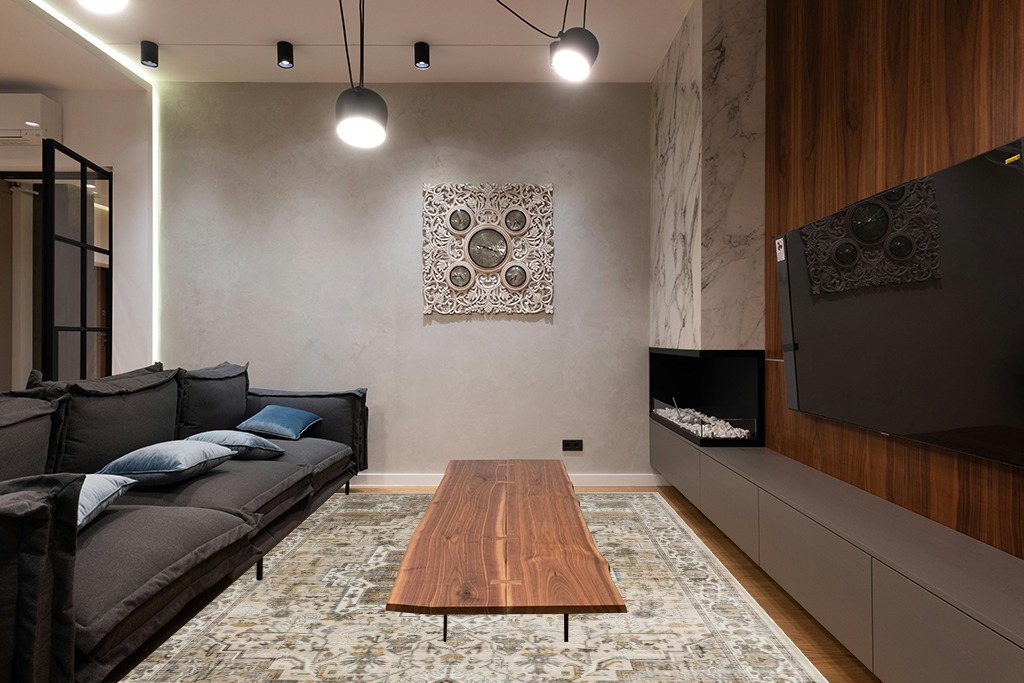 Roxstand 8x10 Area Rugs for Living Room, Vintage Washable Rug with Non-Slip Backing, Stain Resistant Large Area Rug for Dining Room, Soft Rugs for Bedroom (Beige/Brown, 8'x10') in Dark Wood Living Room with Black Couch