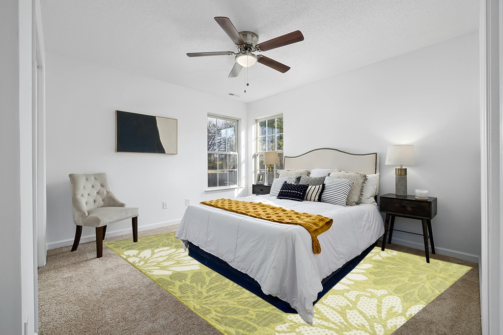 Rug over carpet ideas in White and Yellow Modern Bedroom