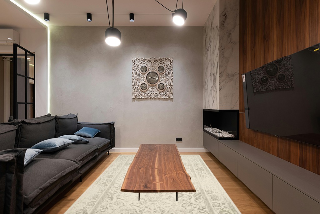 SAFAVIEH Adirondack Collection Area Rug - 6' x 9', Ivory & Sage, Oriental Distressed Design, Non-Shedding & Easy Care, Ideal for High Traffic Areas in Living Room, Bedroom (ADR109V) in Dark Wood Living Room with Black Couch