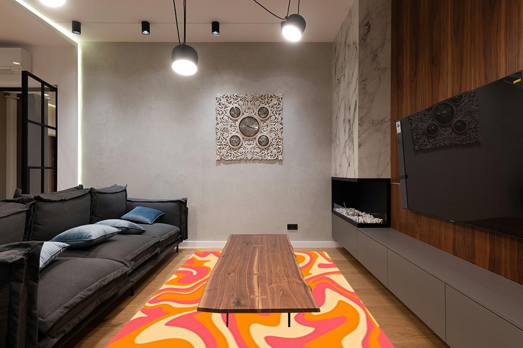 PeeNoke 1970 Wavy Swirl Seamless Orange Pink Colors Hand Drawn Seventies Style Area Rug Outdoor Patio Rug Play Mat Floor Mat Modern Carpet Non-Slip Home Decor Living Room Bedroom Nursery, 6x9 ft in Dark Wood Living Room with Black Couch