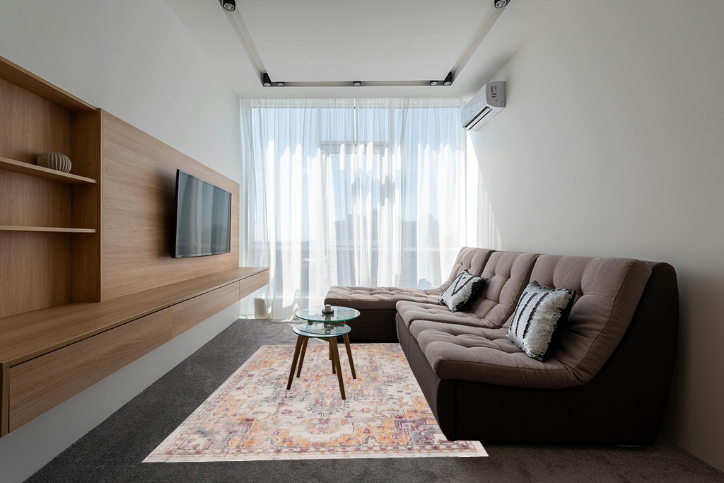 SAFAVIEH Madison Collection Area Rug - 6' x 9', Beige & Orange, Boho Chic Medallion Distressed Design, Non-Shedding & Easy Care, Ideal for High Traffic Areas in Living Room, Bedroom (MAD473E) in Grey Living Room with Brown Couch