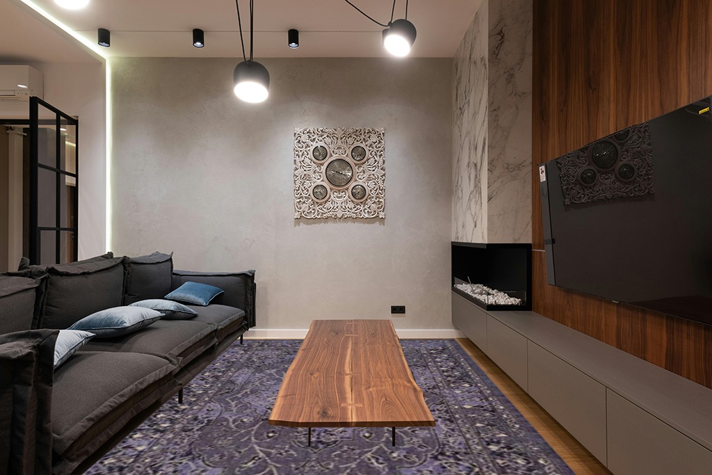 SAFAVIEH Palazzo Collection Area Rug - 8' x 11', Purple & Black, Oriental Design, Non-Shedding & Easy Care, Ideal for High Traffic Areas in Living Room, Bedroom (PAL128-9073) in Dark Wood Living Room with Black Couch