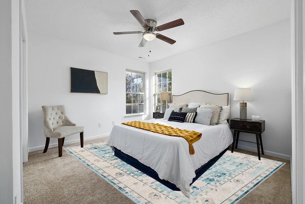 Rug over carpet ideas in White and Yellow Modern Bedroom