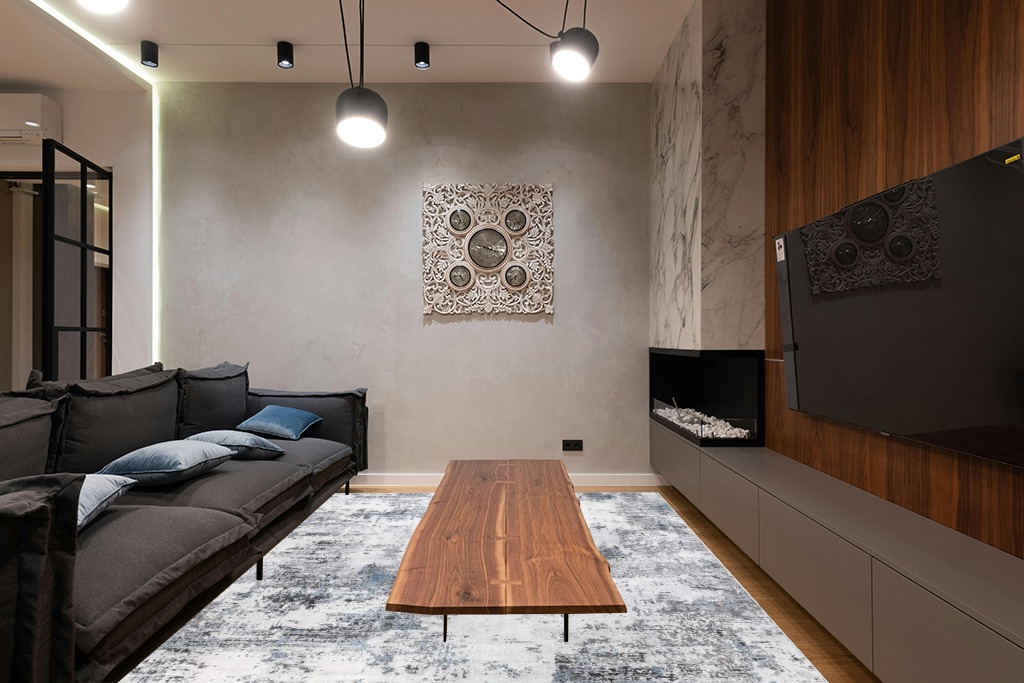 Grey room rug ideas in Dark Wood Living Room with Black Couch