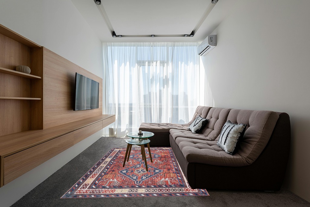 nuLOOM Stella Machine Washable Traditional Tribal Area Rug, 6x9, Rust in Grey Living Room with Brown Couch