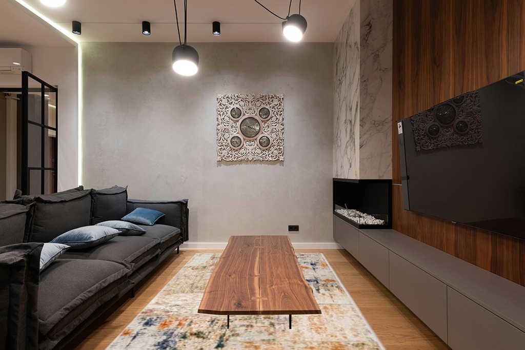 BYYVOO Living Room 6x9 Rug: Modern Abstract Non Slip Area Rug for Bedroom Ultra Soft Stain Resistant Low Pile Indoor Floor Home Decor Carpet 6x9 Gold Multi in Dark Wood Living Room with Black Couch