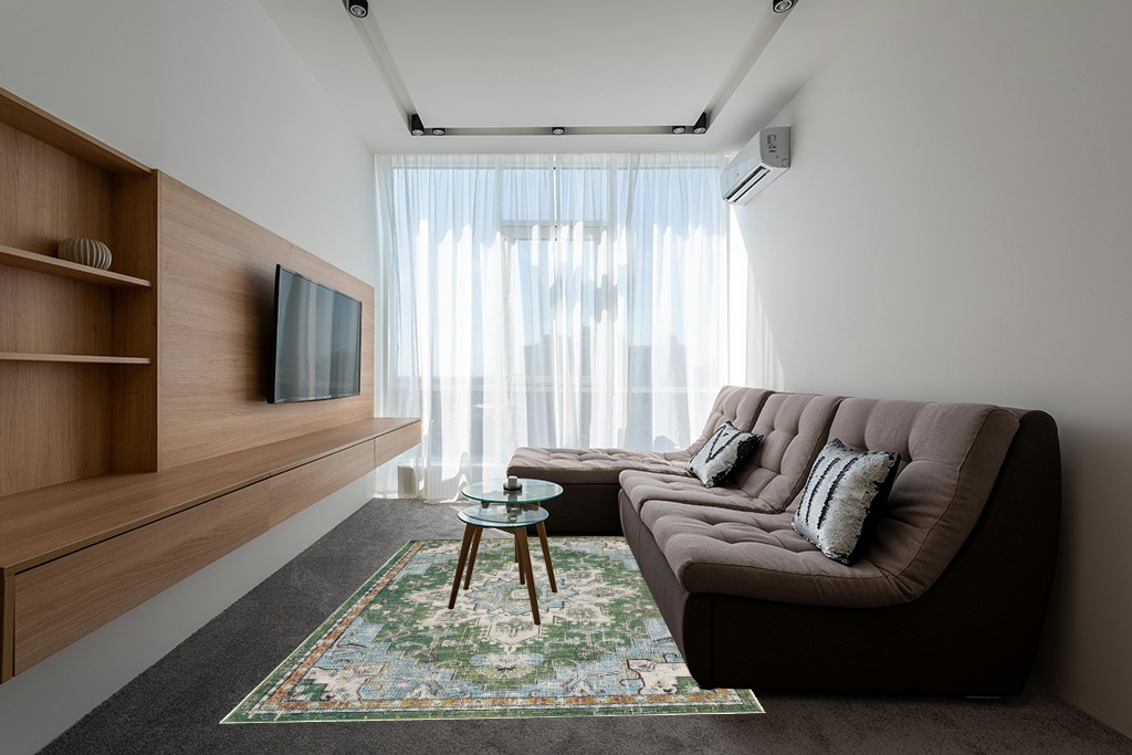 Green rug ideas in Grey Living Room with Brown Couch