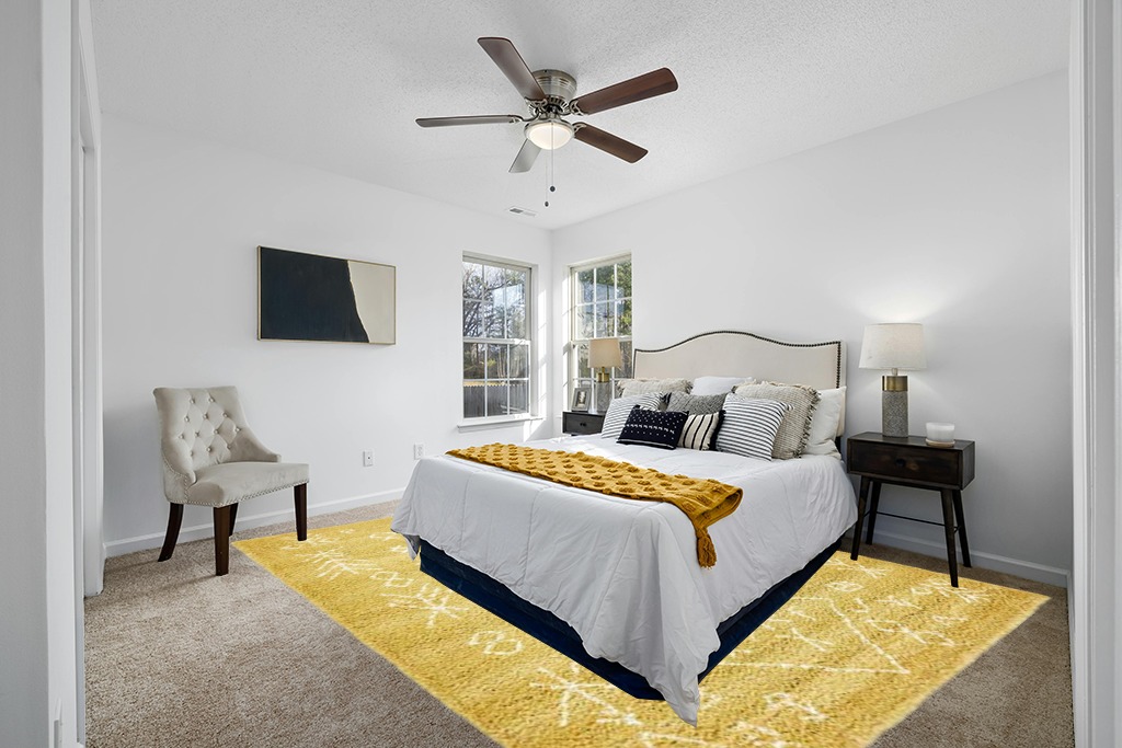 Large rug ideas in White and Yellow Modern Bedroom