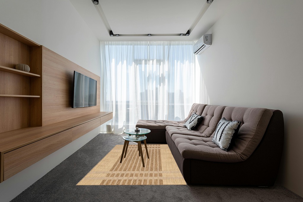 Cute rug ideas in Grey Living Room with Brown Couch