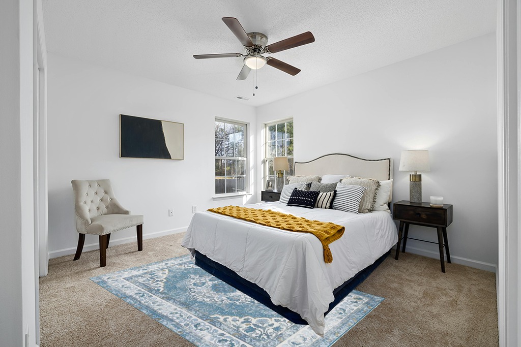 Blue rug ideas in White and Yellow Modern Bedroom