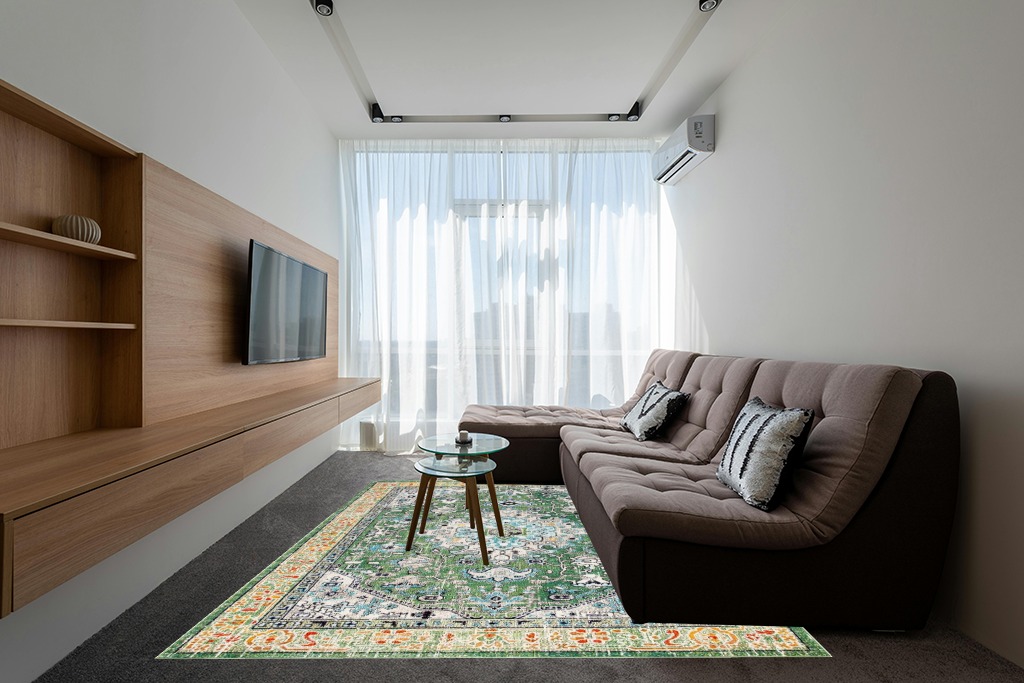 Green rug ideas in Grey Living Room with Brown Couch