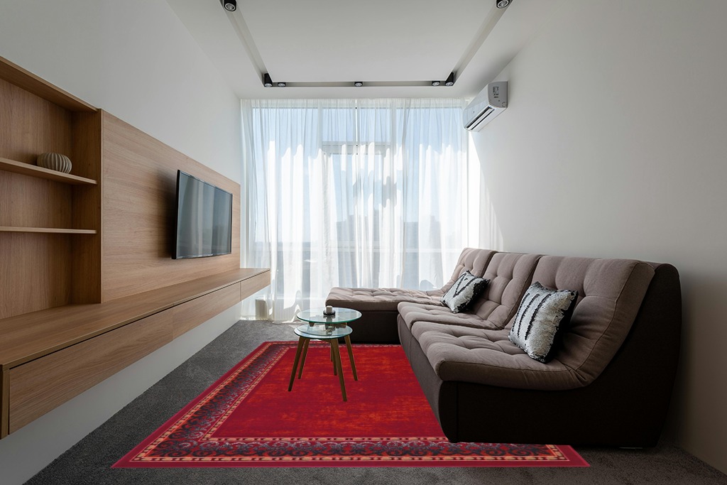 Antep Rugs Alfombras Bordered Modern 8x10 Non-Slip (Non-Skid) Low Pile Rubber Backing Indoor Area Rug (Maroon Red, 7'10" x 10') in Grey Living Room with Brown Couch