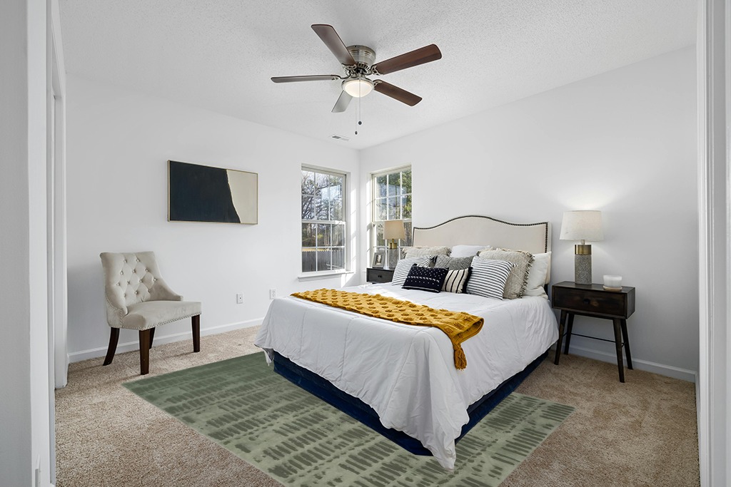 Green rug bedroom ideas in White and Yellow Modern Bedroom