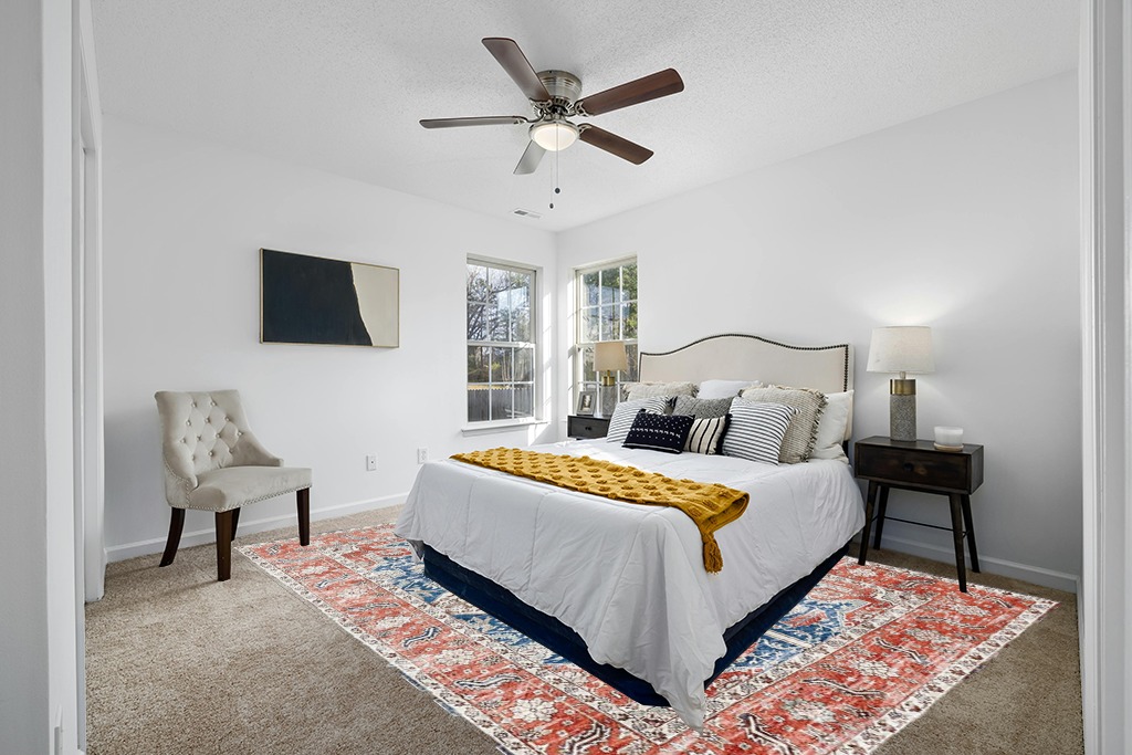 Rug over carpet ideas in White and Yellow Modern Bedroom
