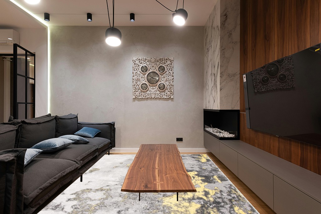 Grey room rug ideas in Dark Wood Living Room with Black Couch