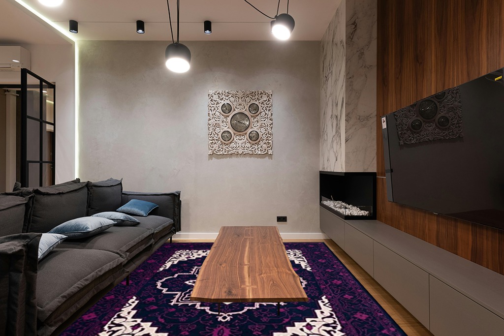 SAFAVIEH Bellagio Collection 8' x 10' Purple / Ivory BLG597A Handmade Medallion Premium Wool Area Rug in Dark Wood Living Room with Black Couch